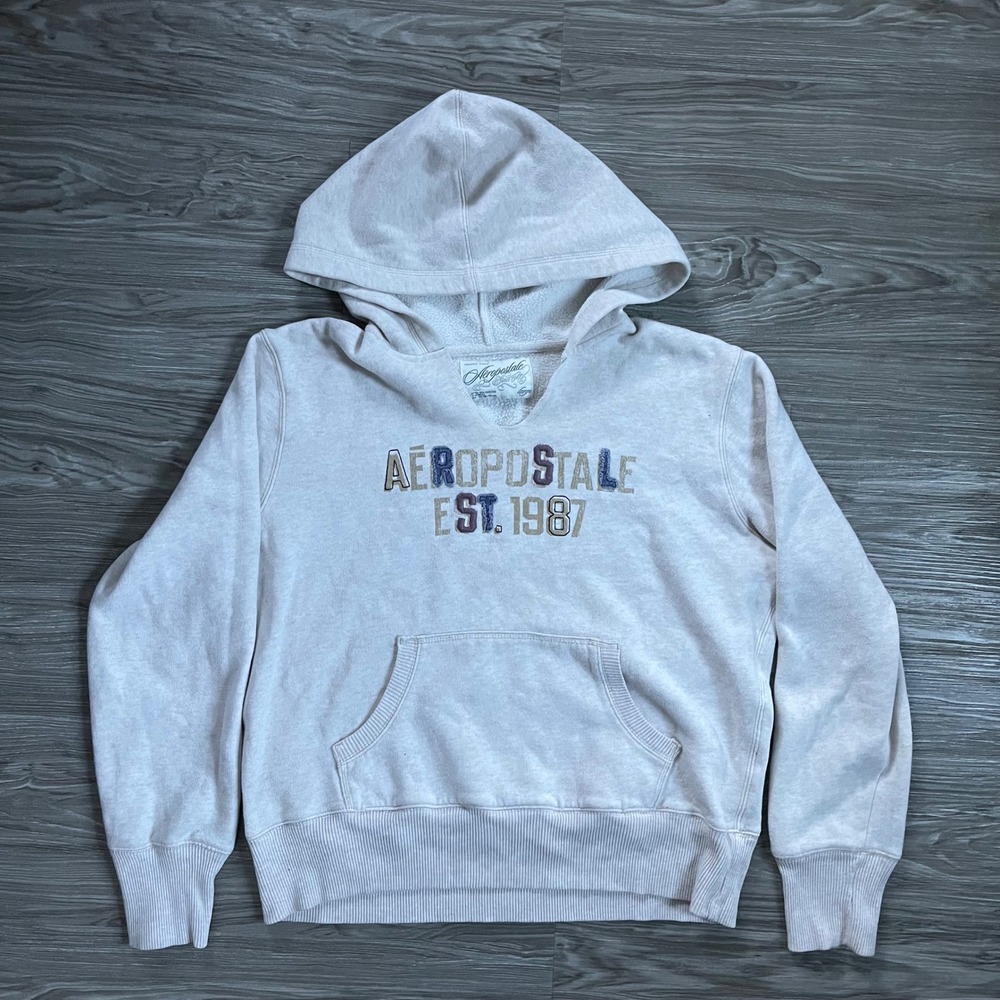 Y2K Aeropostale Womens Hoodie Cream Spellout Applique Pullover Sweatshirt L
